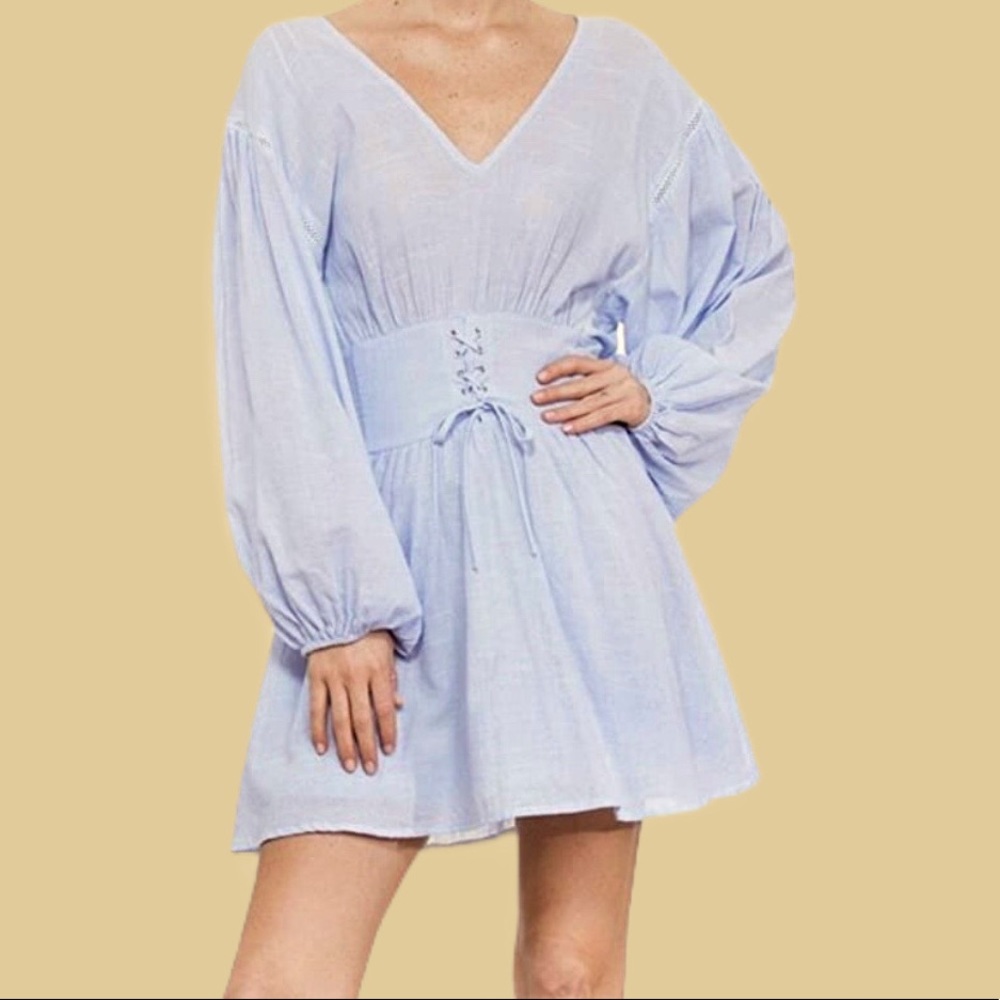 LILAC CORSET WAIST BELL SLEEVE BOHO PEASANT MINI DRESS